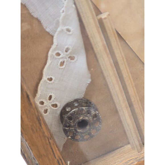 Vintage Shadow Box With Rustic Memorabilia Including Lace Key Button Sewing Noti - Picture 9 of 14